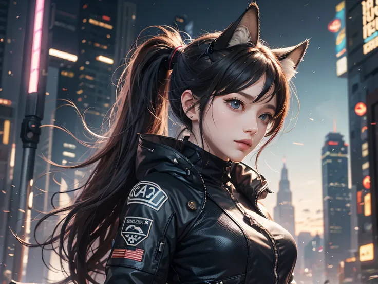 Cute girl, fox ears, long eyelashes, beautiful and detailed eyes, ponytail, bangs, wavy hair, messy hair, sci-fi style, cyberpunk clothes, final fantasy style, illusion 2.5D, bust