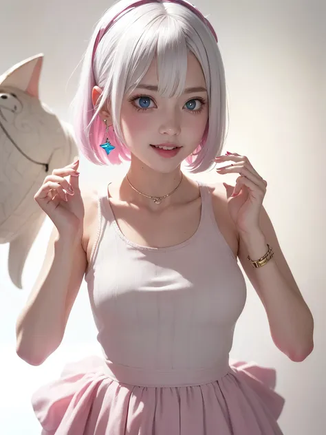 White hair. Short hair. Inner pink hair. Anime girl. Pink eyes. Glowing eyes. Nekomimi. Smiling. Tanktop.