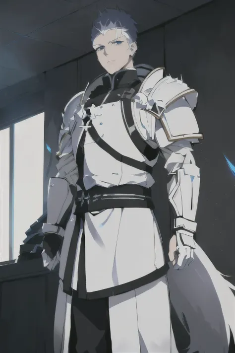 anime character in white outfit standing in a room with a window, matt white color armor, with a light leather armor, streamlined white armor, white fox anime, white armor, sleek white armor, glossy white armor, detailed white armor, picture of a male cler...