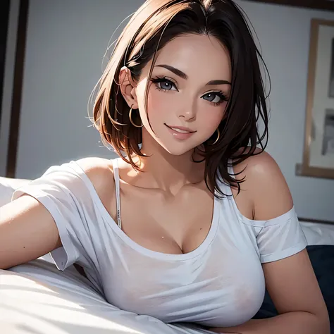 Amazing portrait of a hot MILF with a beautiful face wearing an oversized t shirt showcasing her bare shoulder with a seductive gaze and smile while lying on a bed