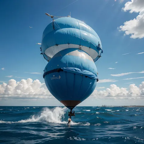 Tormenta en el mar y un dirigible en el cielo azul que dice the world is yours