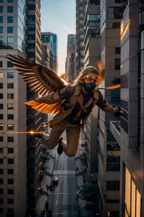 Young hero with blond hair, light brown aviation jacket, wings with orange feathers emanating purple fire, Wearing a diving mask, flying between buildings.