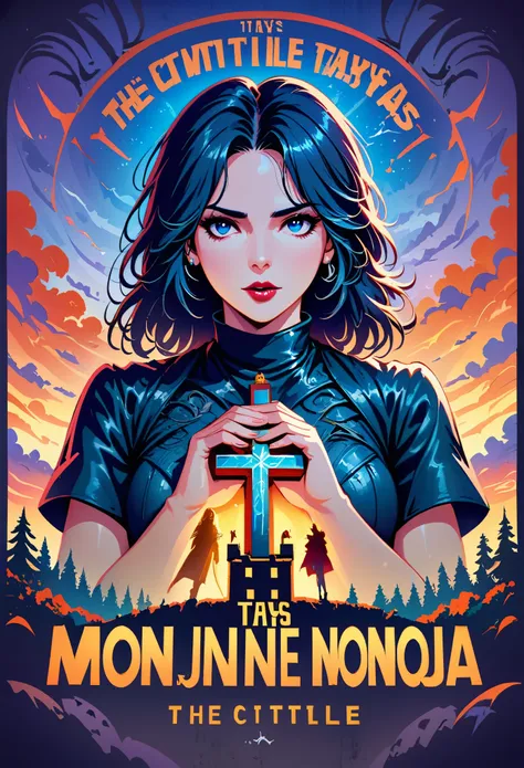 a poster of a monja holding a cross in her hands, an evil monja, monja, magia, cartel oficial, horror movie poster,(The title says "monja":1.7),movie nine, Cartel de terror, Gavin Nolan, movie poster with no text, Cleland films, magia style, horror movie p...