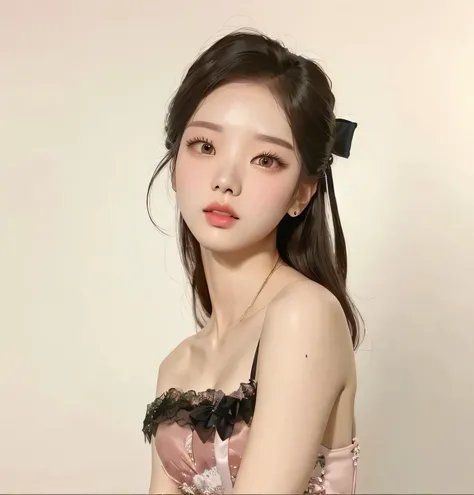 un primer plano de una mujer con un vestido rosa con un lazo negro, Jennie rosa negra, maquillaje popular de corea del sur, maquillaje coreano popular, hermosa joven coreana, Young cute pale asian face, hermosa joven coreana, hermosa mujer surcoreana, Yanj...