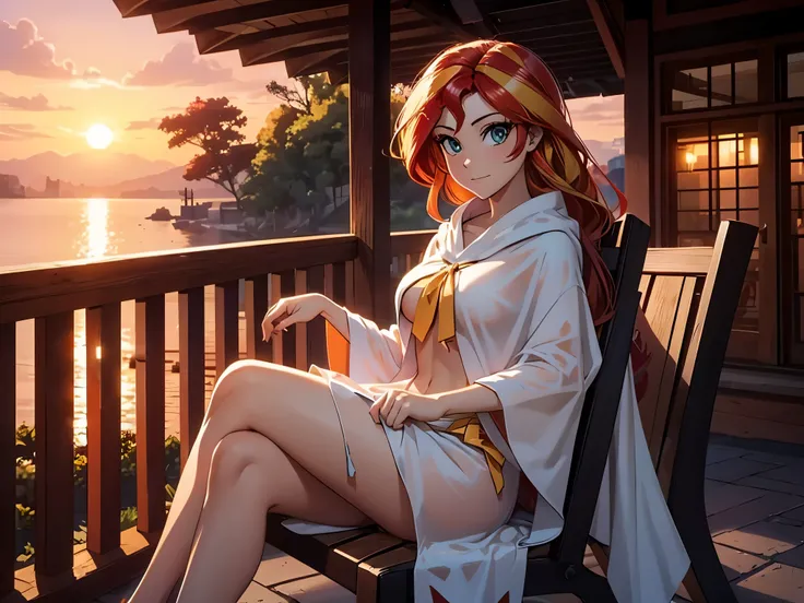 sunset shimmer wearing nothing but a poncho, sitting on a chair on a porch