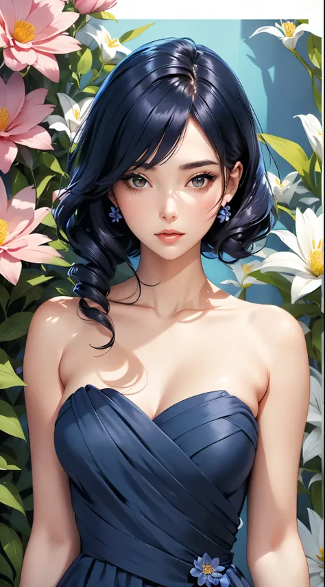 a woman in a navy blue dress standing in front of flowers, beautiful comic art, beautiful alluring anime woman, beautiful anime woman