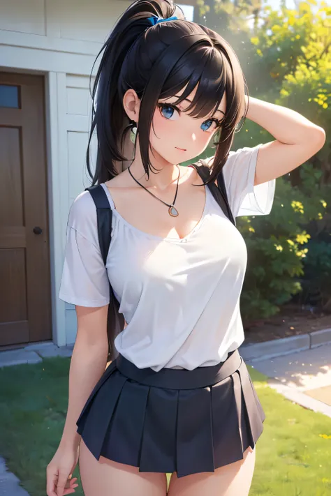 (best quality,4k,8k,highres,masterpiece:1.2),ultra-detailed,(realistic,photorealistic,photo-realistic:1.37),ponytail,black hair,high school girl,mini skirt,bedroom,sunlight,bright colored clothes,slightly exposed necklin, White camisole、Bright blue miniski...