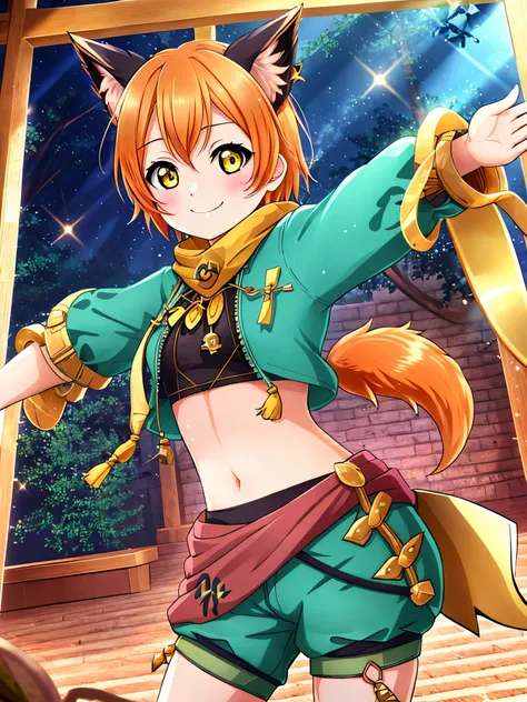 Masterpiece, best quality, Hoshizora rin, orange hair, yellow eyes, cowboy shot ,moist and shiny skin ,animal ears,tail,midriff,navel, shorts, skin tight, closed mouth, smile, standing