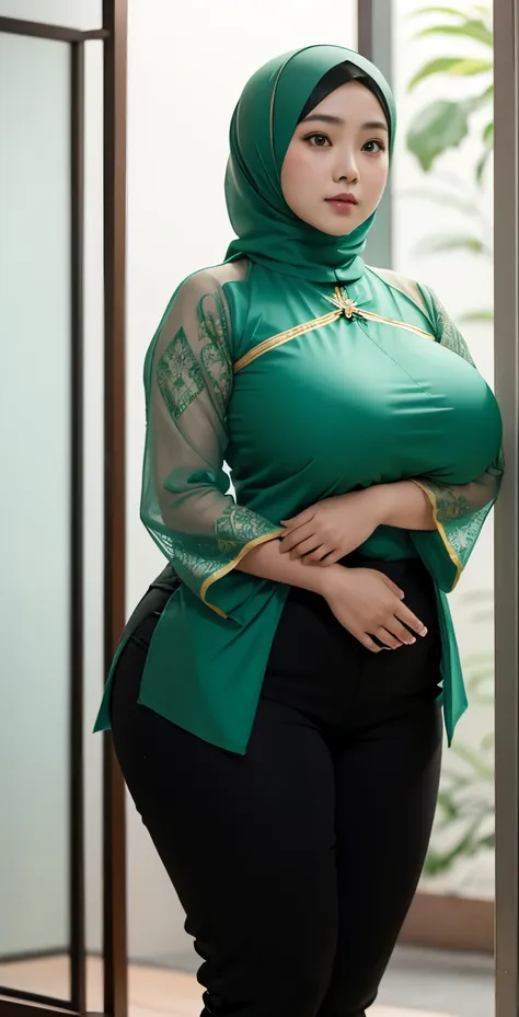 1 chinese-indonesian girl, modern plain hijab, shy, medium portrait, watery eyes, wearing pastel green kebaya, ((big breasts)), ...