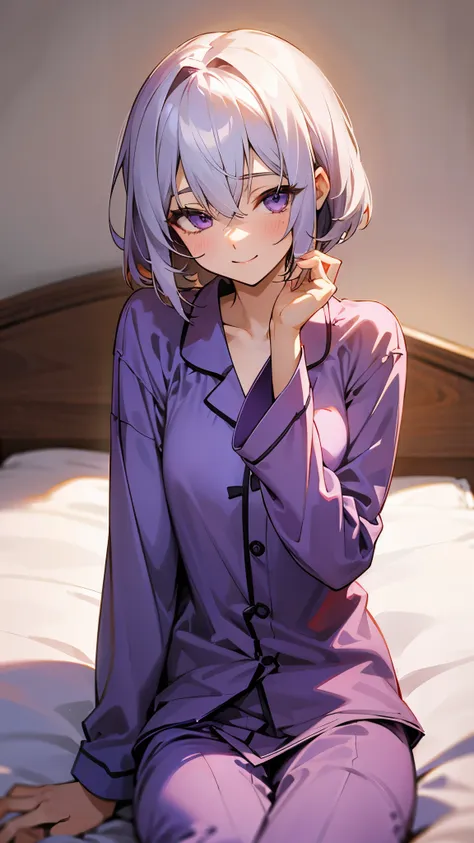 17 year old girl sitting on bed、solo、anime-style paintings、wearing pajamas、yuzuki yukari、slim figure、silvery white hair、short ha...