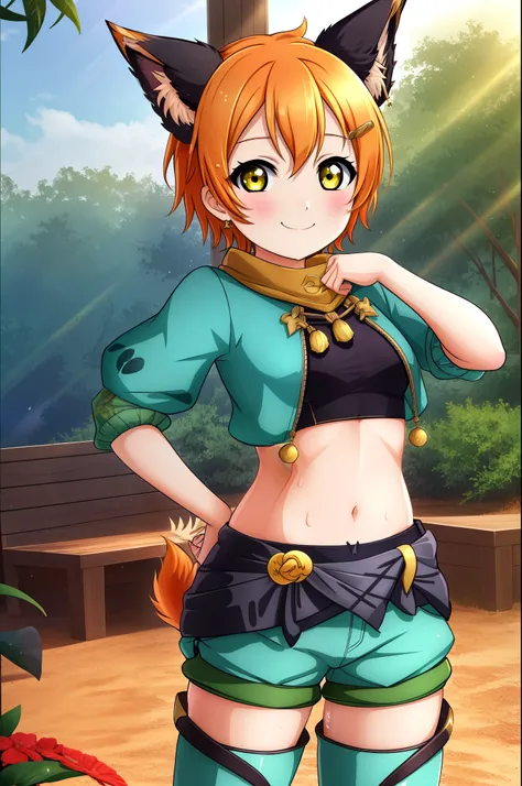 Masterpiece, best quality, Hoshizora rin, orange hair, yellow eyes, cowboy shot ,moist and shiny skin ,animal ears,tail,midriff,navel, shorts, skin tight, closed mouth, smile, standing,hand on hip