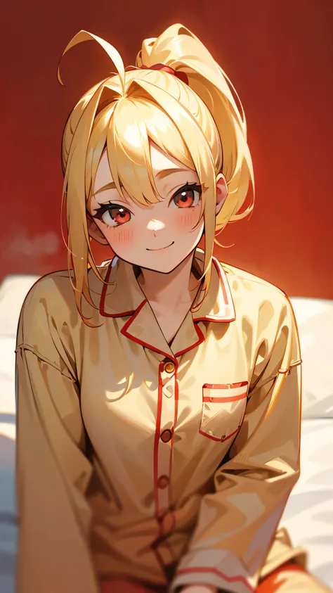 18-year-old girl sitting on bed、solo、Anime-style paintings、Wearing pajamas、Blonde ponytail、Ahoge、Beautiful red eyes、smile、smile、The soft texture of pajamas、Upper body close-up、Red and yellow based colors、Background blur、The depth of the drawn boundaries