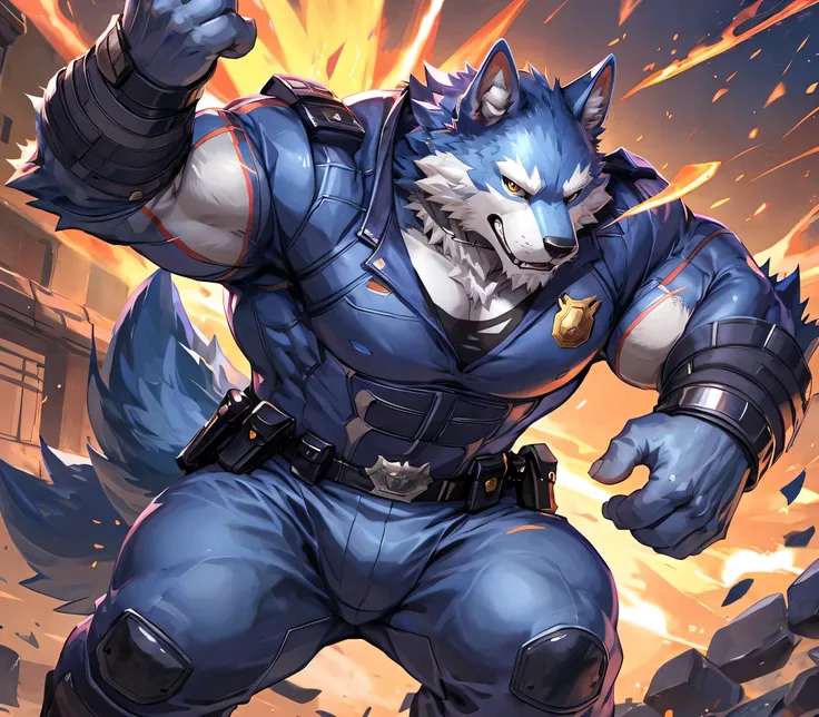 masterpiece,high quality,anime,detailed eyes, furry male blue wolf, freddy, great physique,strong arms manly, in the prison cell...