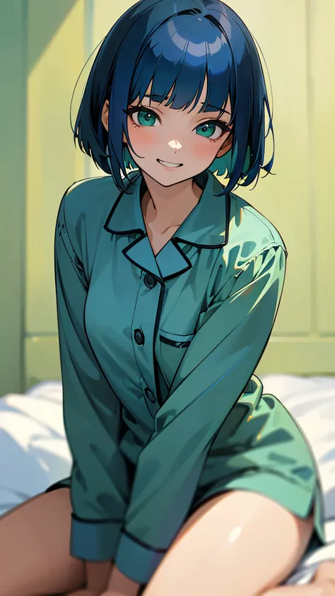 18-year-old girl sitting on bed、solo、Anime-style paintings、Wearing pajamas、Dark blue hair、Bobcut、Beautiful green eyes、Grin、The soft texture of pajamas、Upper body close-up、Green and blue based colors、Background blur、The depth of the drawn boundaries