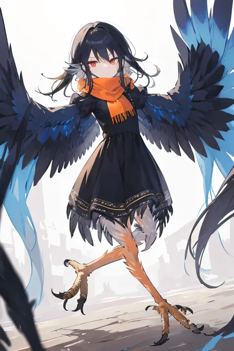 ((harpy winged arms:1.4))beautiful black hair,blunt cut ,beautiful orange eyes,blue scarf,black feather,raven,dress