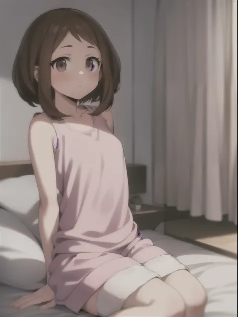 Ochaco Uraraka,white bra, wearing pink pajamas shorts, nice environment, super detailed, high quality ,laying in bed with veiwer,looking at viewer 