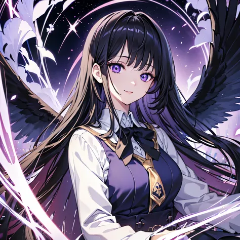 masterpiece, top quality anime illustration, super detailed, one girl, solo focus, beautiful girl, has black wings, eyes glowing...