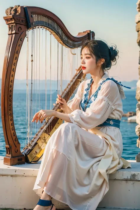 Korean woman in Greek fashion sitting in front of a harp, (Highly detailed facial expressions), The background is a sea horizon with a sailboat, The feeling is touching., Motivation, harmonious, open, daylight, Santorini, realistic,