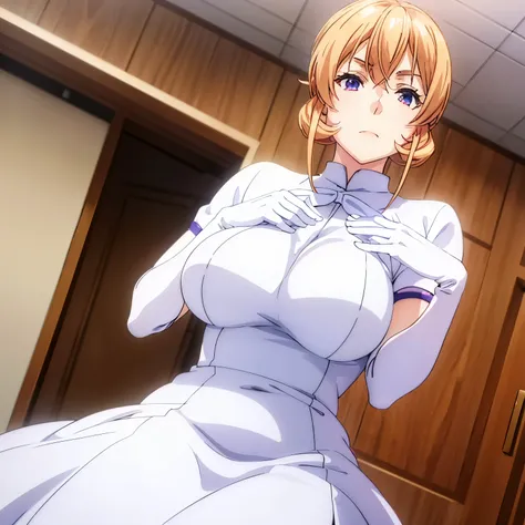 a girl，wearing a white dress，wearing white gloves，in the room，posing for a photo，nakiri_erina,looking at viewer