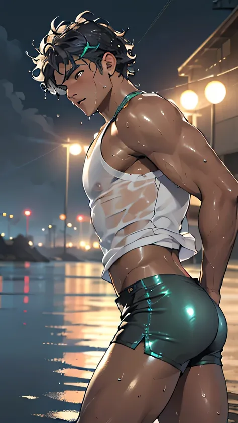 (((1 guy))),((extremely cute and beautiful boy)), watercolor, Peter Pan examines the buttocks of a 17-year-old Brazilian boy,(((big ass))),((curly hair,short hair))),(((tanned skin,shiny skin,very shiny body,plastic shiny skin,exaggerated ,lit skin,wet leg...