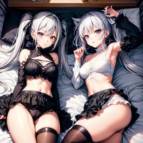 beautiful girl、Twin tails、Silver Hair、Black Mask、underwear、Room Bed