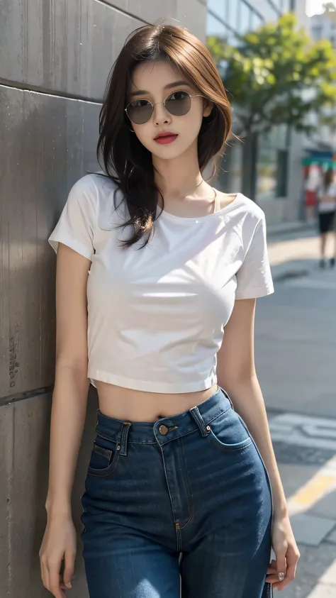 Girl in loose knee-length t-shirt and wide leg jeans poses for photo、full bodyesbian t-shirt、bra very、Slim body、Moderately bust、Slim girl model、18-year-old female model、Leaning against a clean wall、Wearing fashion sunglasses and a cap, CG rendering, 16K, V...