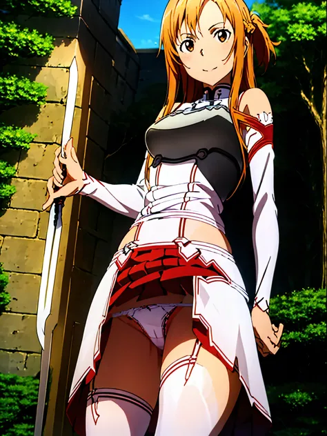 Asuna Yuki(Sword Art Online), From below， Long bronze hair,Braiding,Brown eyes,Fine grain,Big bust line,roll forward,Armature,breastplate,Long sleeve white shirt,Removable sleeves,Red and white skirt,Pleated skirt,real,Her slim legs are really cute.,Very b...