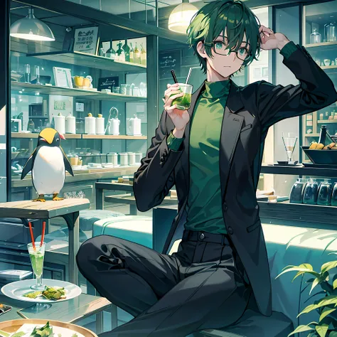 A solo man with glasses drinks green tea in an underwater cafe. dark green hair bright green eyes Theres a penguin on the head.Wear a long-sleeved black turtleneck shirt.black pants holding green tea 