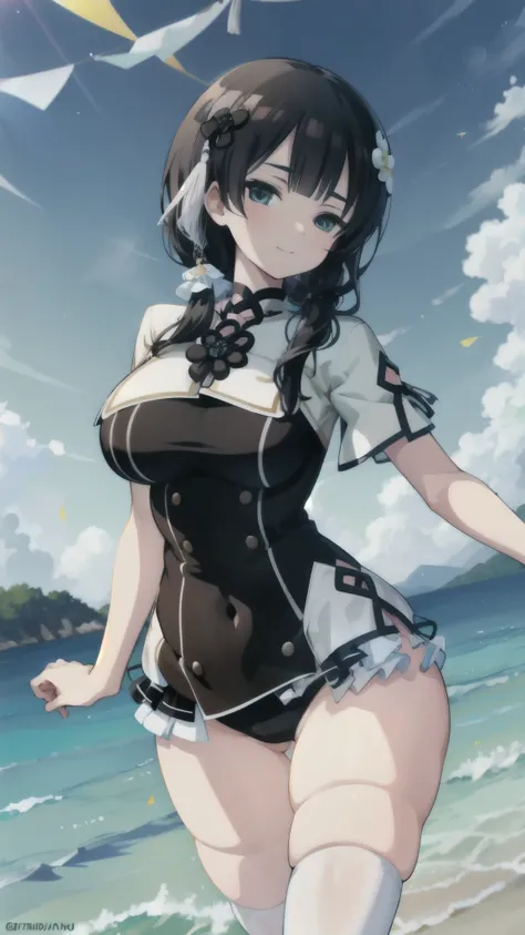 masterpiece, best quality, absurdres , perfect anatomy ,wang yujia, smiling , (((busty))), ,1girl, large breasts , sensual body, Her cheeks flushed, black hair, swimsuit 