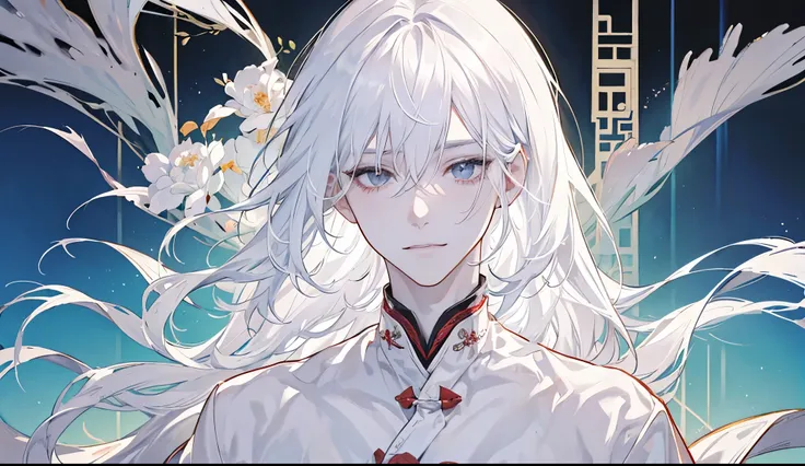 white hair, long hair, parted bangs, very long hair, widows peak, ribbon, blank eyes, white eyes, smile, male, Young man, Beautiful man, Chinese ancient style, White gorgeous Chinese ancient costume, White shoes, White skin, White lips, wine altars, White ...