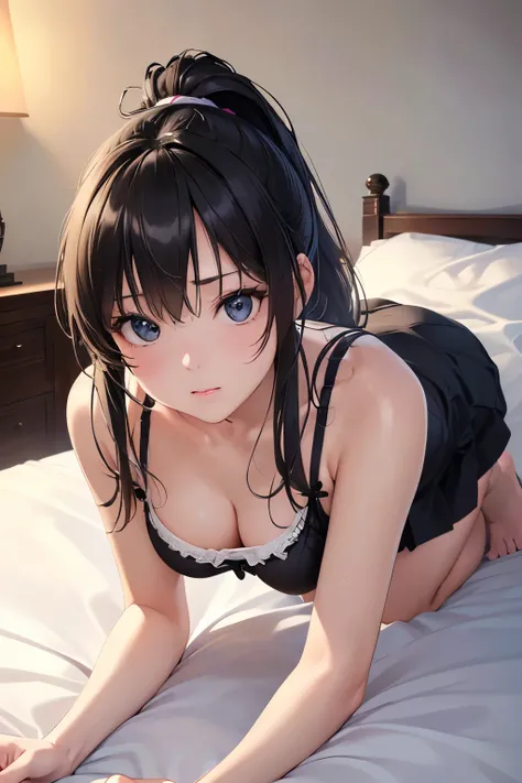 (highest quality、4k、8k、High resolution、masterpiece:1.2)、Super detailed、(Realistic、Photorealism、Photorealism:1.37)、ponytail、Black Hair、high school girl、Bedroom、On the bed、sunlight、Light-colored clothing、Slightly exposed neckline, White half camisole、Show of...