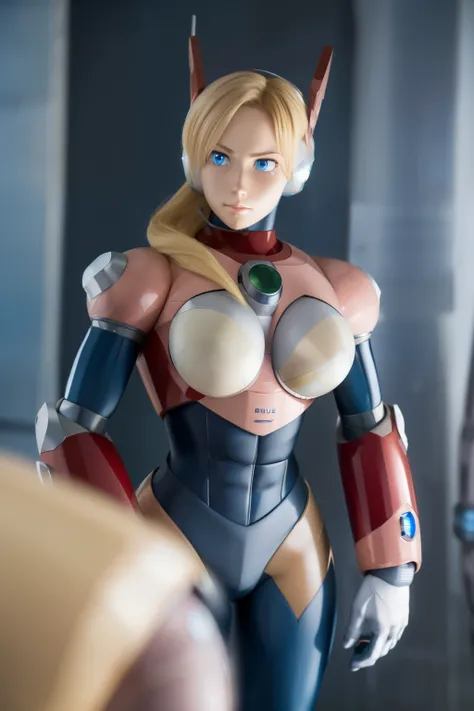 ultra detailed of a woman cyborg, 1girl, (natural skin texture, realistic eye details:1.2) alias_mega manx, alone, breasts, blue eyes, blonde hair, Android, long hair, robot ears, stand at attention, neutral stance, artwork, high quality, hypnotized, blank...