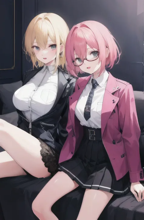 2 girls , sisters , 23 year old beautiful younger sister pink short hair huge breasts wear pink school sport jacket zipped shyness wearing glasses sitting on bed, 26 years old beautiful funny older sister blonde long hair small breasts ears pierced cute go...