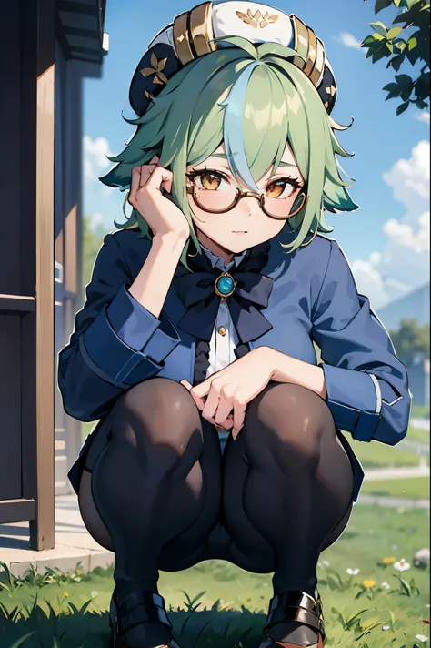 (masterpiece, best quality, detailed),1girl,sucrosedef,green hair, glasses,in a blue suit with a ponytail and a blue shirt, (sfw) safe for work, in a strict suit, in strict suit, smooth anime cg art, thicc, seductive anime girl, beautiful anime girl squatt...