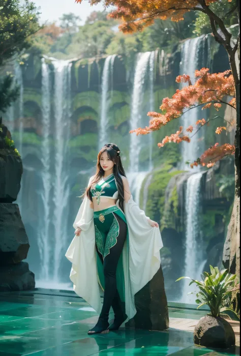 Photography of a lady standing before a massive jade screen adorned with a landscape carving, showcasing intricate details of mountains, rivers, and nature. The lady, is bishoujo_senshi_sailor_moon, realistic， jade leggings, solo，jade hair，ruby，Anatomicall...