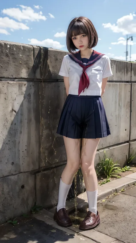 (best quality, masterpiece:1.2),(realistic,photo-realistic:1.2), extremely detailed, intricate details, 8K, ultra high resolution, RAW photo, Serafuku, solo, a 18yo 
female wearing sailor uniform, (standing, thighs,socks,loafers:1.5), dark hair, bowl cut h...