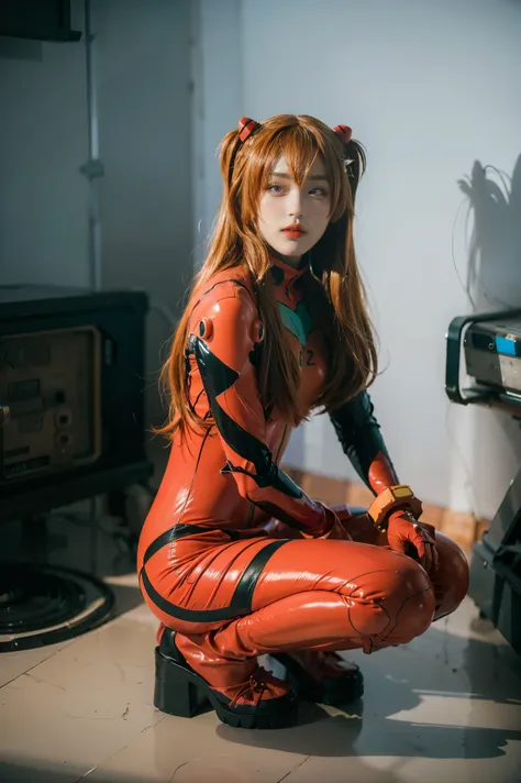 best quality, masterpiece, realistic, photorealistic, 1girl, solo, looking at viewer, full body, wariza, long hair, asuka cospla...