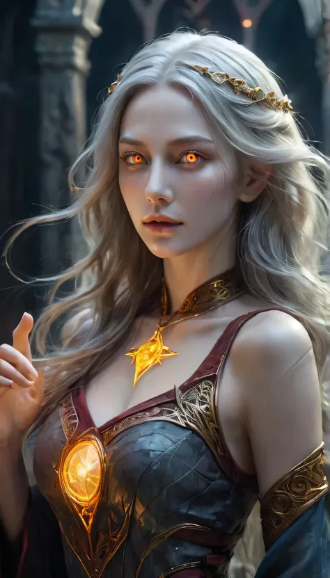 1 girl,adult (elven:0.7) woman,freckles,yellow eyes,gray long hair,
solo,half shot,looking up,detailed background,detailed face,...