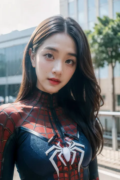 (masterpiece), best quality, perfect face, 1girl,  spiderman armor suit, 