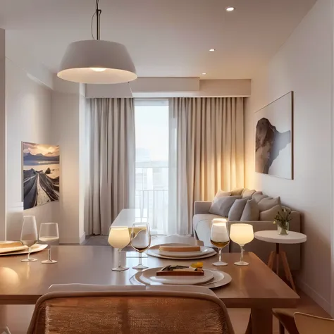 There is a dining table，There is a plate and a bowl on it, Neutral flat lighting, City Apartments, Warm light indoors, Accurate architectural rendering, Simple and pure design, Realistic rendering, Cream Room, Warm ambient lighting, Realistic and lifelike ...