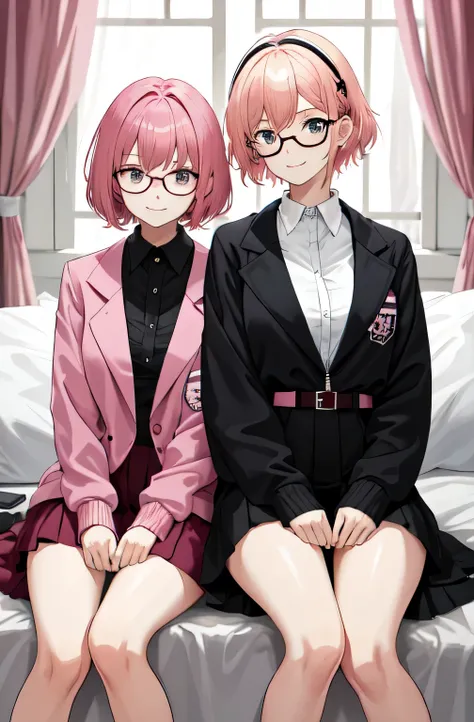 2 girls , sisters , 23 year old beautiful younger sister pink short hair huge breasts wear pink school sport jacket zipped disgusting face wearing glasses sitting on bed, 26 years old beautiful evil smile older sister blonde long hair small breasts ears pi...