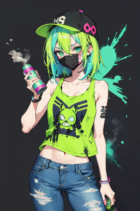 Slim anime girl with hat and mask, Thin face, Holding a spray can, green messy hair, Neon pink and blue street background, Stickers, (hoodie, Tank top, Distressed jeans) Bad boy