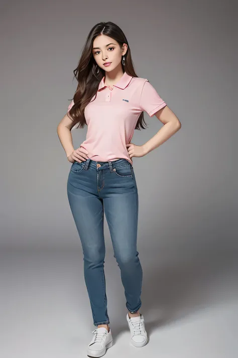 realistic photo of a beautiful 10 year old  with very long brown hair, slim body, pronounced curves, wearing a sexy tight jean and a pink polo shirt, white sneakers, full body