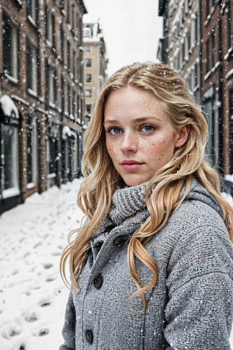 professional portrait photograph of a gorgeous Norwegian girl in winter clothing with long wavy blonde hair, freckles, beautiful symmetrical face, cute natural makeup, standing outside in snowy city street, stunning modern urban upscale environment, ultra ...