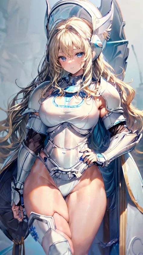 (Adult women:1.5)、Very detailed、highest quality、Best image quality、masterpiece、8k、Anime Face、A kind smile、Open your mouth、Sparkling blue eyes、(Blonde Wavy Hair:1.5)、、Muscles of the whole body、(High leg:1.5)、(Thigh belt:1.5)、(Wearing white bikini armor:1.5)...