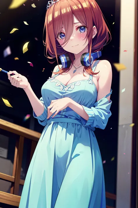 Miku Nakano, Miku Nakano, Long Hair, bangs, Brown Hair, shirt, Hair between the eyes, cardigan, Headphones around neck,tiara,Star Hair Ornament,smile,blush,Blue Dress,Long skirt,Red Pin Heel,No sleeve,Expose your shoulders,Bare arms,Bare neck,bare clavicle...