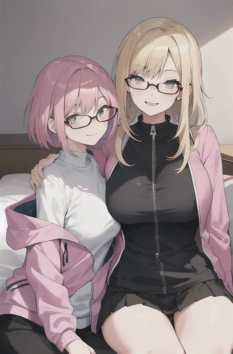 2 girls , sisters , 23 year old beautiful younger sister pink short hair huge breasts wear pink school sport jacket zipped shyness wearing glasses sitting on bed, 26 years old beautiful funny older sister blonde long hair small breasts ears pierced cute go...