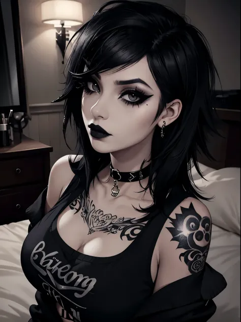 1girl, woman, emo_hairstyle, black lipstick, big choker, eyeliner, eye shadow, mascara, smoky eyes, black lips, bedroom, natural...