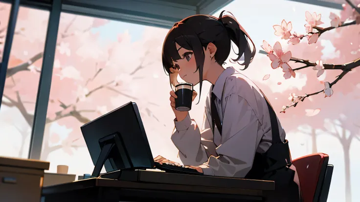 A girl working on a PC with a cup of coffee in her hand. The background is daytime and cherry blossoms are in bloom.