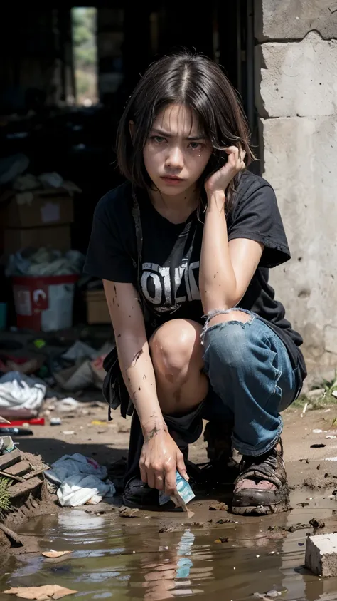 aespakarina,bobcut,beggar,beggar,(((homeless))),in abandoned style room,crouching,angry face,bad complexion,dirty,full of trash,...